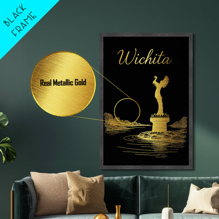 Wichita Kansas Travel, Metallic Gold Print, Wood Framed Art, Metal Art, Minimalist Wall Art, Destination Gift, Home Decor