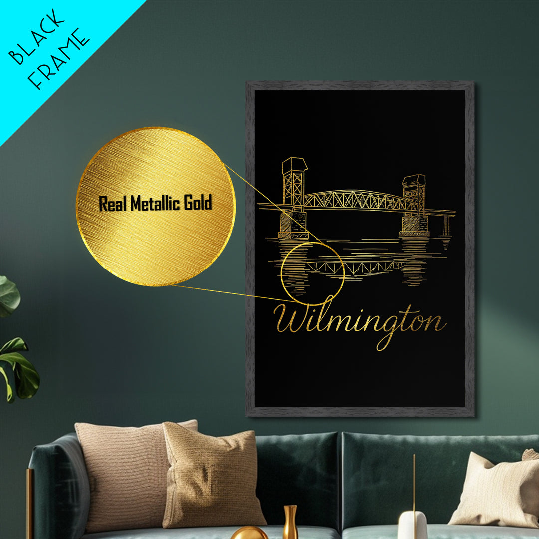 Wilmington Delaware Art, Metallic Gold Art, Wood Framed Art, Metal Art, Minimalist Wall Art, Honeymoon Gift, Living Room Decor