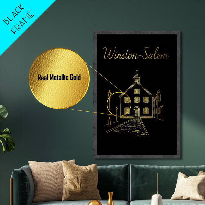 Winston Salem North Carolina Travel, Metallic Gold Print, Wood Framed Art, Metal Art, Modern House Art, Wanderlust Gift, Bedroom Decor