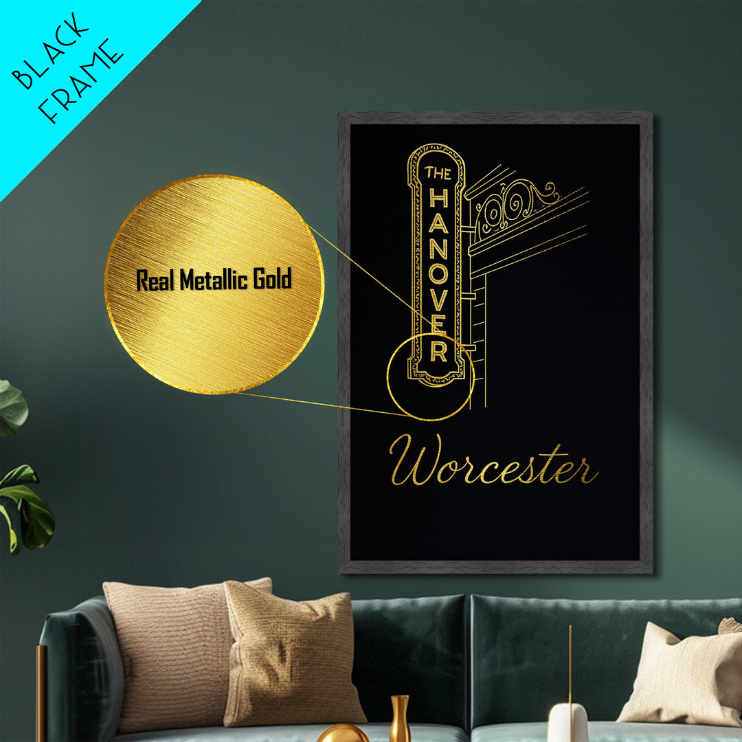 Worcester Massachusetts Travel, Metallic Gold Print, Wood Framed Art, Metal Art, Minimalist Wall Art, Honeymoon Gift, Bedroom Decor