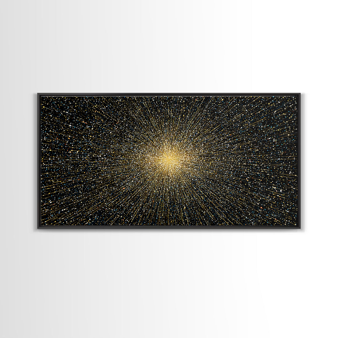 Golden Particle Explosion Wall Art, Radiant Starburst Abstract, Modern Art Print, Black Gold Space Poster, Office Decor Gift