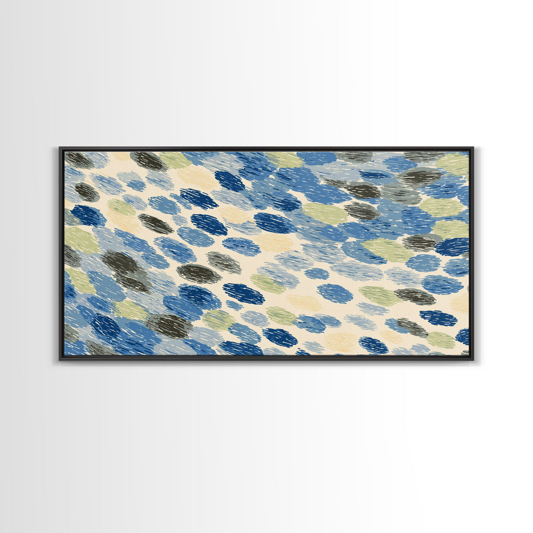Blue Gray Brush Dot Abstract Wall Art, Midcentury Modern Art Print, Minimalist Retro Decor, Coastal Geometric Poster For Home