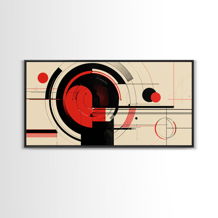Red Black Circular Abstract Canvas Print, Mid Century Modern Wall Decor, Geometric Bauhaus Poster, Atomic Retro Artwork Print