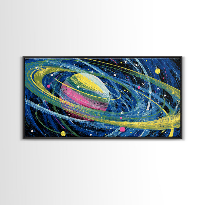 Colorful Ringed Planet Wall Art, Retro Sci Fi Space Poster, Cosmic Mid Century Modern Art Print, Kids Room Galaxy Decor Gift