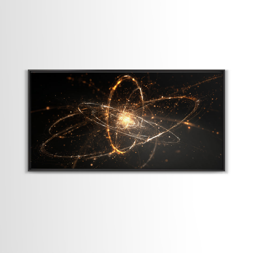 Golden Atomic Orbit Wall Art, Modern Abstract Space Poster, Cosmic Particle Artwork, Black Gold Home Office Decor Print Gift