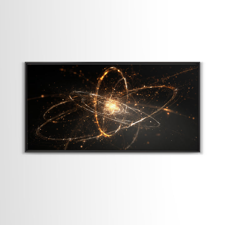 Golden Atomic Orbit Wall Art, Modern Abstract Space Poster, Cosmic Particle Artwork, Black Gold Home Office Decor Print Gift