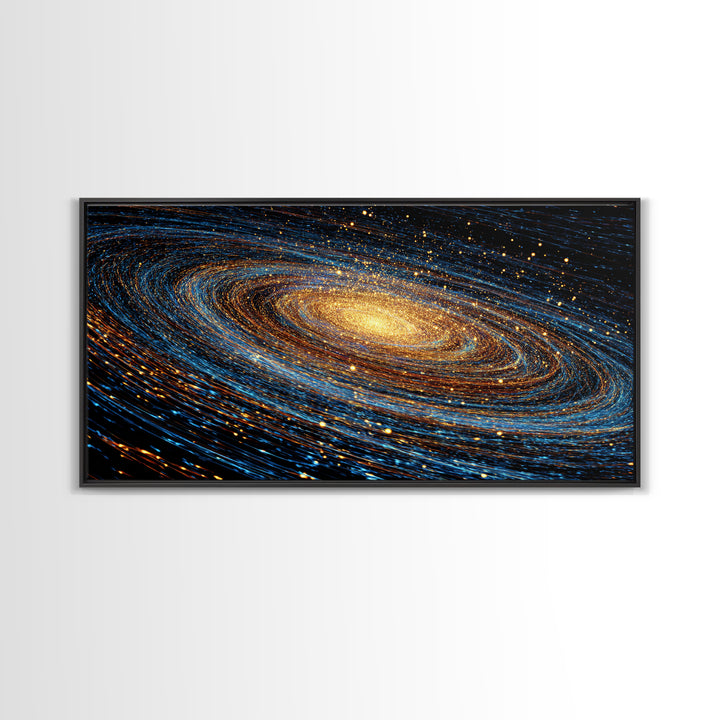 Blue Gold Spiral Galaxy Framed Canvas Print, Cosmic Space Wall Art, Modern Abstract Poster, Large Sci Fi Decor For Living Room