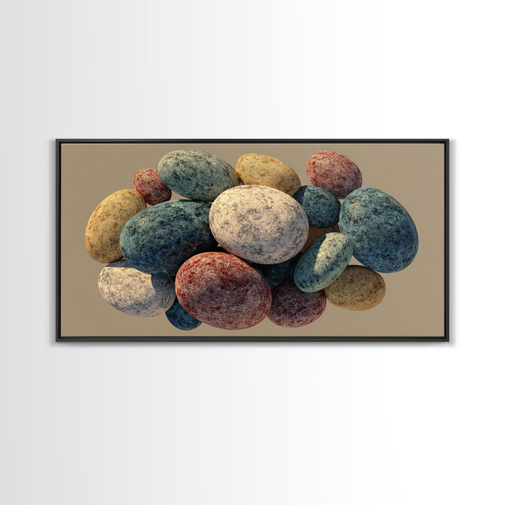 Speckled Egg And Stone Still Life Canvas Print, Earth Tone Organic Shapes, Modern Home Decor, Kitchen Art, Neutral Wall Decor