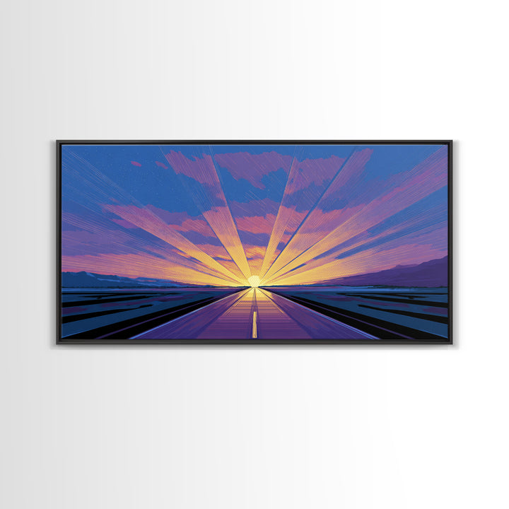 Radiant Road Sunset Canvas Print, Purple Blue Horizon Rays, Retro Travel Poster, Modern Wall Art, Midcentury Decor, Home Office Art