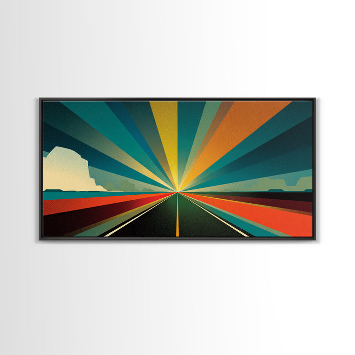 Retro Desert Highway Sunburst Wall Art, Teal Orange Perspective Landscape, Midcentury Modern Decor, Modern Art Print, MCM Wall Decor