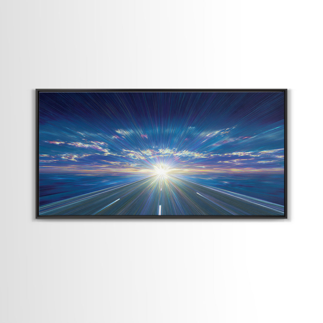 Blue Highway Light Burst Canvas Print, Radiant Horizon Road, Modern Abstract Art, Retro Wall Art, Home Office Decor, Large Prints