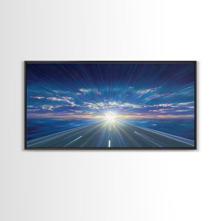Blue Highway Light Burst Canvas Print, Radiant Horizon Road, Modern Abstract Art, Retro Wall Art, Home Office Decor, Large Prints