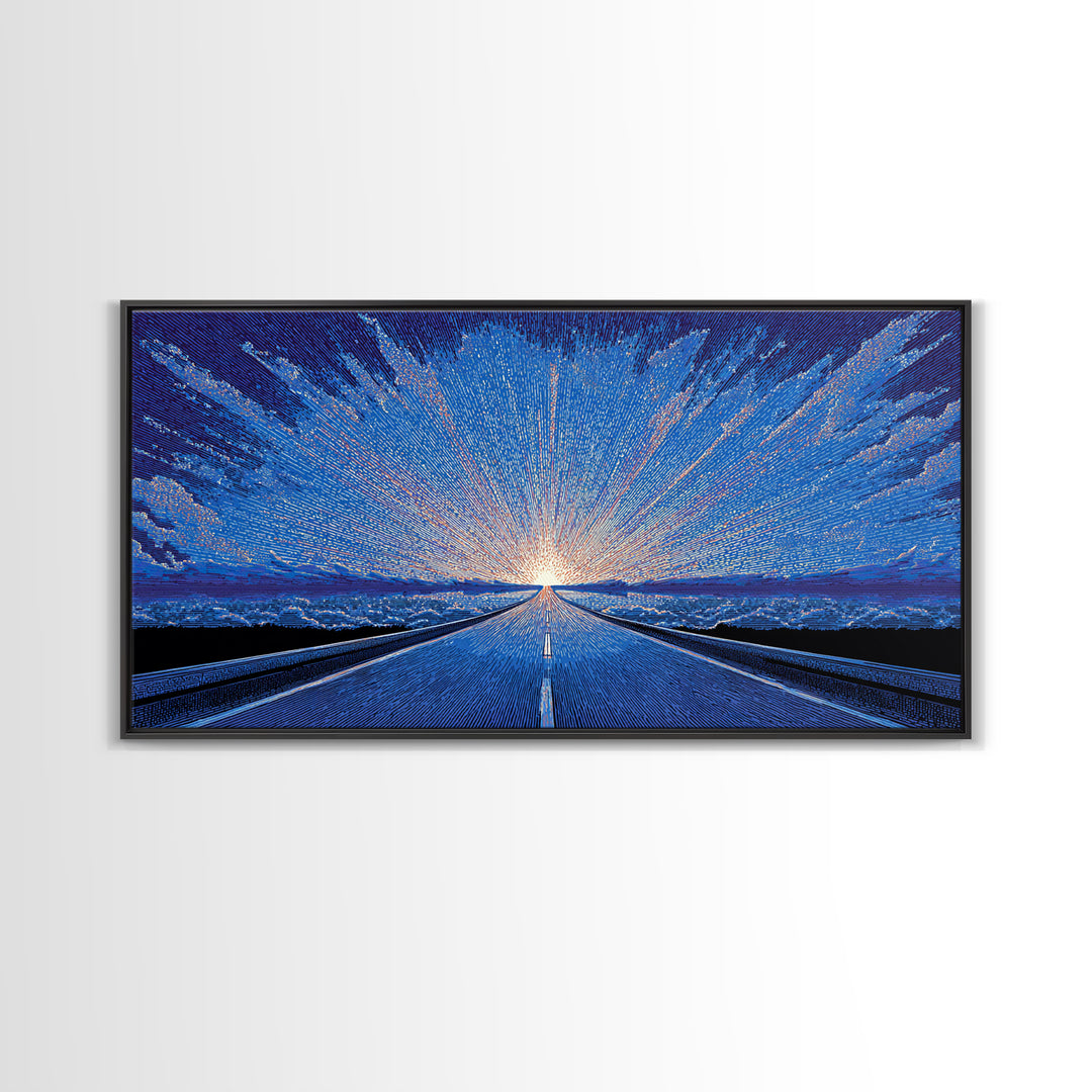 Icy Blue Road Sunrise Wall Art, Winter Horizon Light Burst, Modern Digital Art, Retro Poster, Statement Wall Decor, Home Office Art