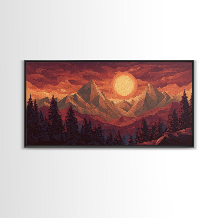Orange Sun Mountain Forest Framed Canvas Print, Retro Landscape Poster, Midcentury Wall Art, Rustic Cabin Decor, Living Room Art