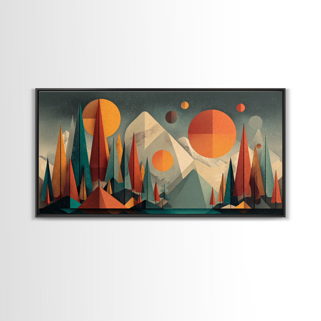 Geometric Mountain Forest With Suns Wall Art, Midcentury Modern Art, Abstract Landscape Print, Retro MCM Home Decor, Large Canvas Print