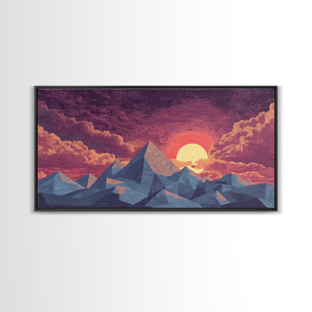 Textured Purple Mountain Sunset Wall Art, Retro Midcentury Modern Landscape Print, Scenic Bedroom Decor, Framed Canvas Print
