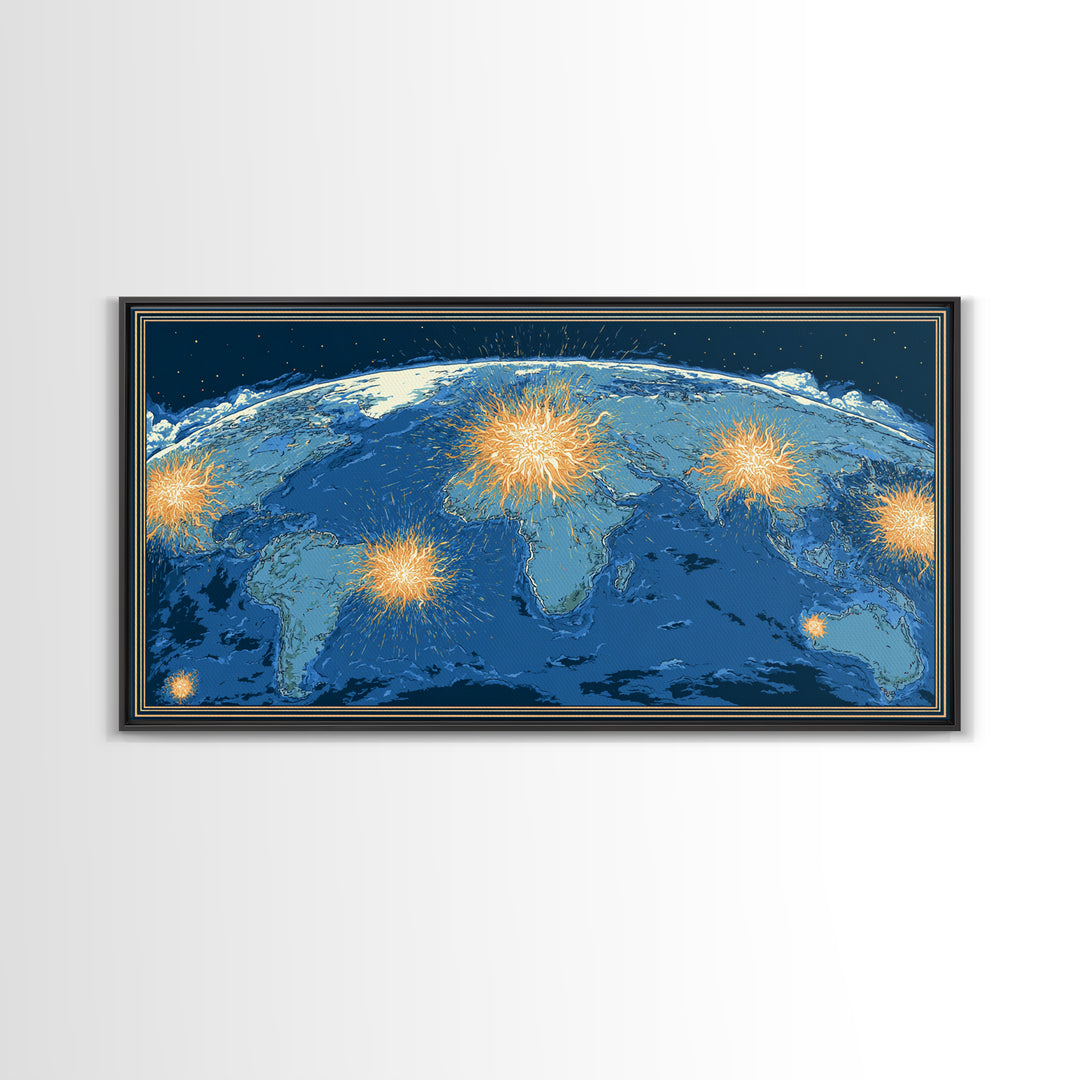 Blue World Map With Orange Network Bursts Wall Art, Modern Global Travel Print, Large Home Office Decor, Framed Canvas Print