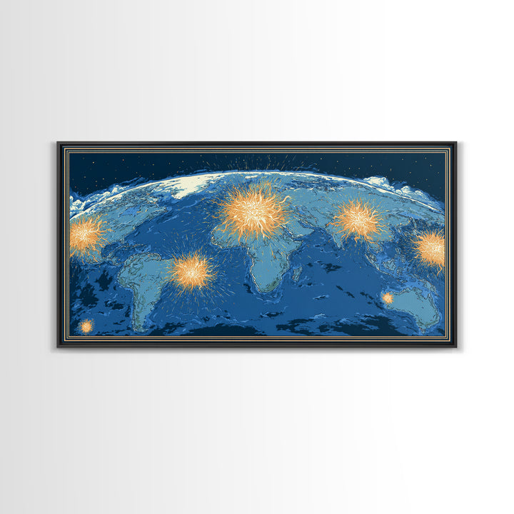 Blue World Map With Orange Network Bursts Wall Art, Modern Global Travel Print, Large Home Office Decor, Framed Canvas Print
