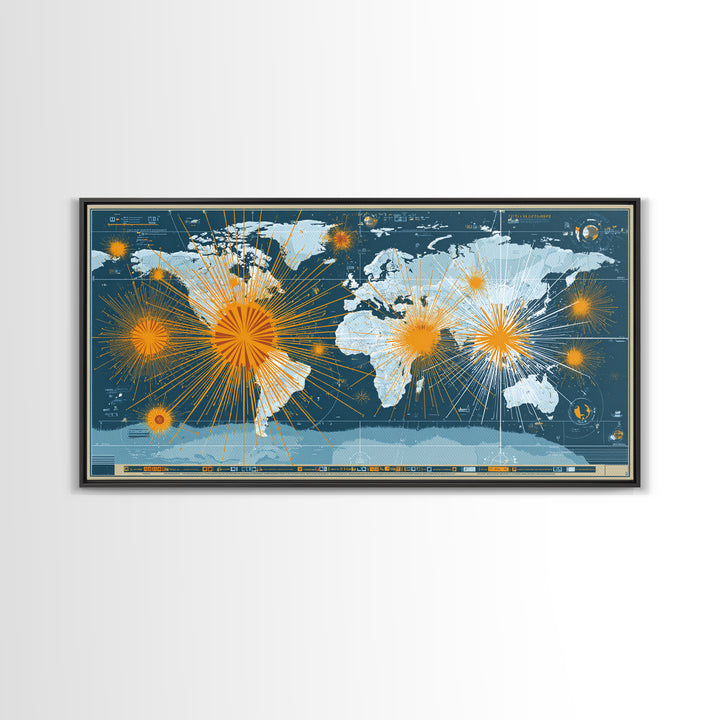 Detailed Blue World Map Network Canvas Print, Modern Office Wall Art, Global Travel Poster, Large Home Decor, Digital Art Print