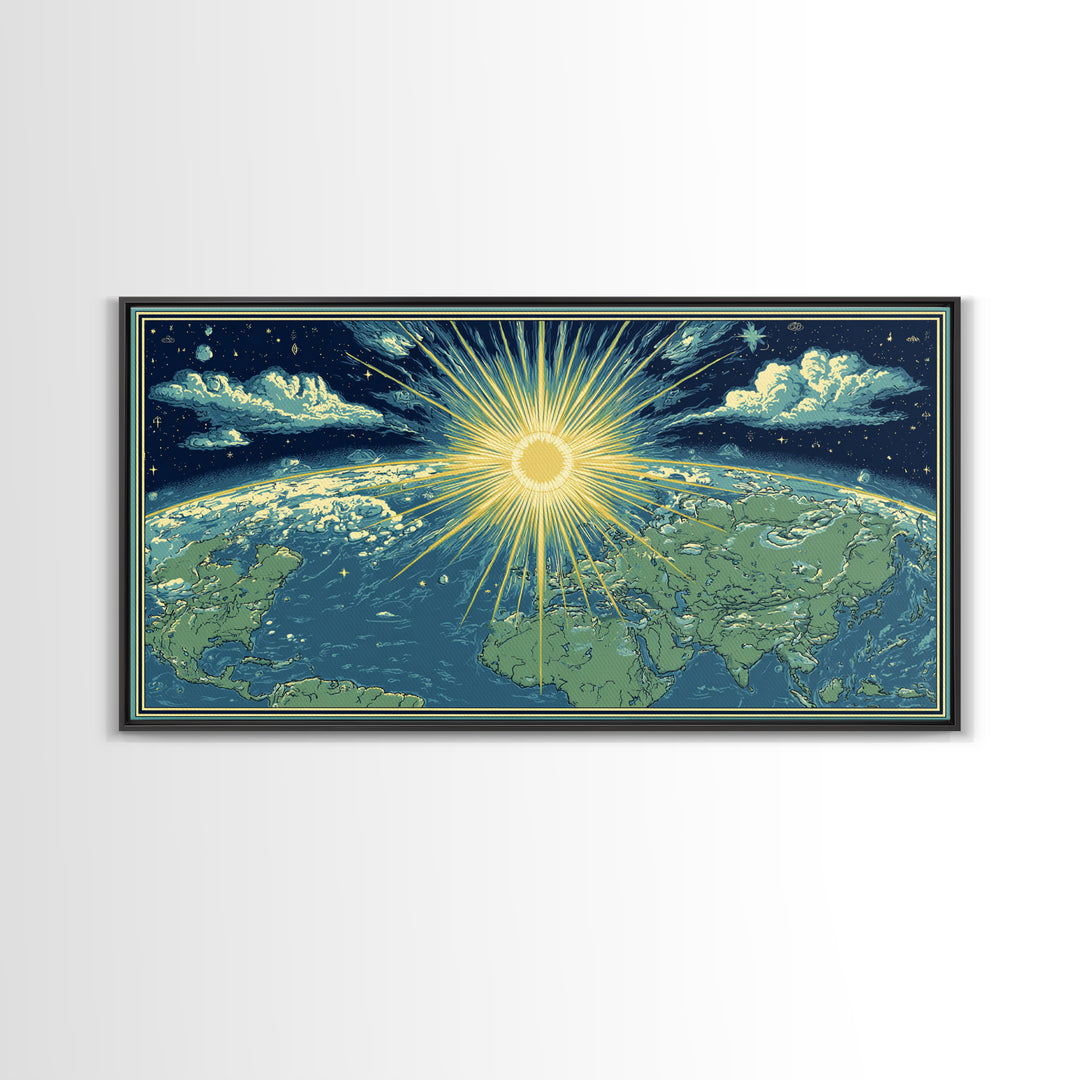 Radiant Sunrise World Map Wall Art, Celestial Earth Poster, Midcentury Modern Art Print, Starry Travel Decor For Living Room