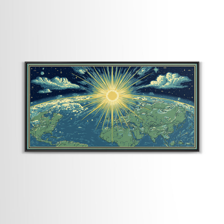 Radiant Sunrise World Map Wall Art, Celestial Earth Poster, Midcentury Modern Art Print, Starry Travel Decor For Living Room