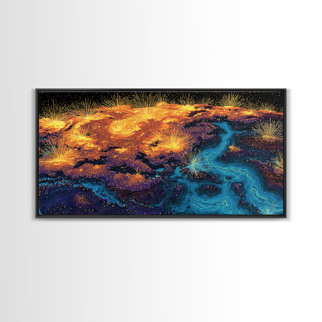 Glowing City Lights Earth Canvas Print, Abstract World Map Poster, Modern Wall Art Print, Orange Blue Travel Decor For Office