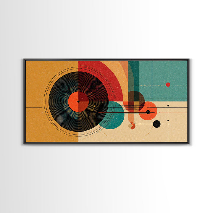 Retro Vinyl Record Wall Art, Midcentury Modern Music Poster, Abstract Geometric Art Print, Orange Teal Decor For Bar Cart