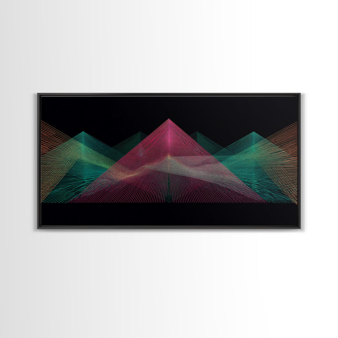 Neon Wireframe Pyramid Wall Art, Sci Fi Abstract Poster, Modern Digital Art Print, Black Retro Decor For Gaming Room Or Studio