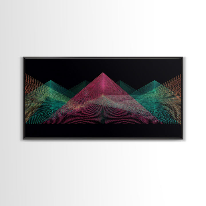 Neon Wireframe Pyramid Wall Art, Sci Fi Abstract Poster, Modern Digital Art Print, Black Retro Decor For Gaming Room Or Studio