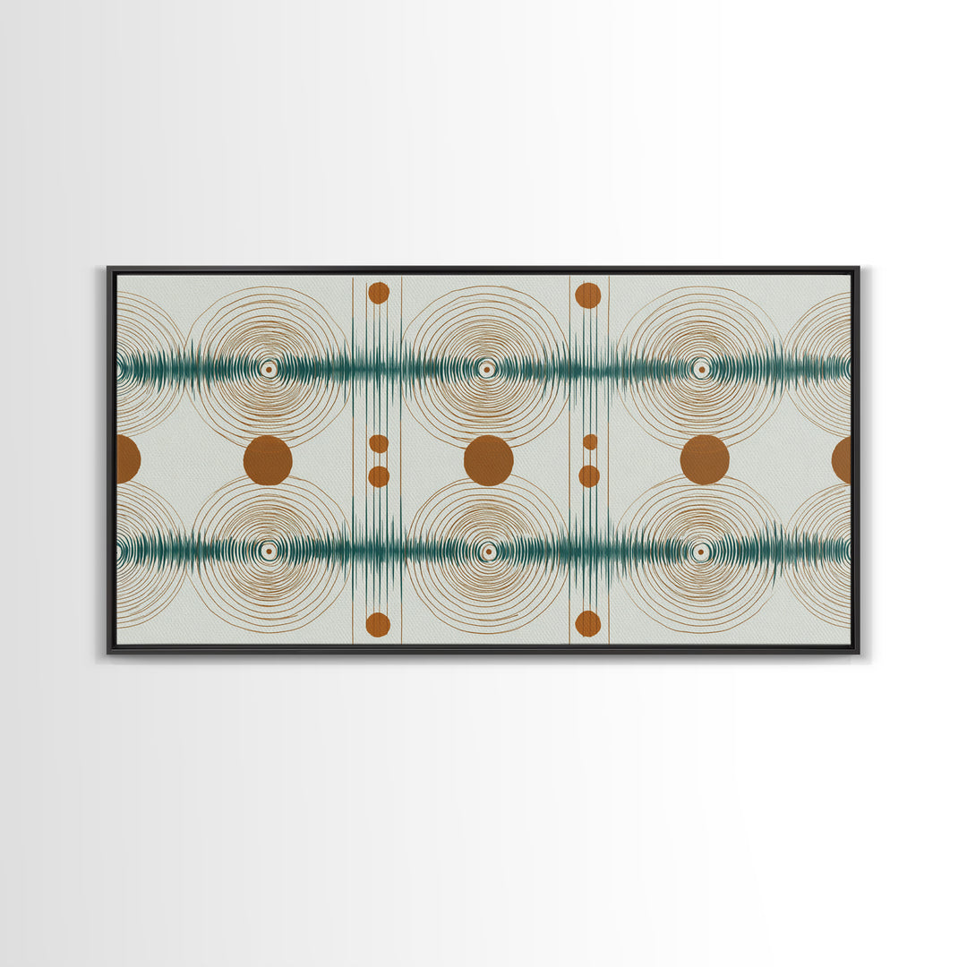 Teal Copper Atomic Sound Wave Framed Canvas Print, Midcentury Modern Art, Geometric Wall Art, Retro Home Office Decor Print