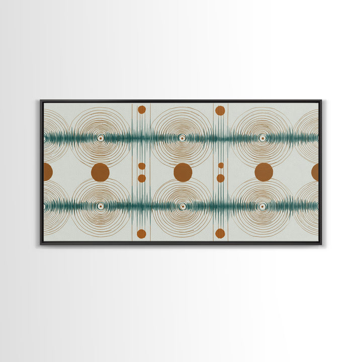 Teal Copper Atomic Sound Wave Framed Canvas Print, Midcentury Modern Art, Geometric Wall Art, Retro Home Office Decor Print
