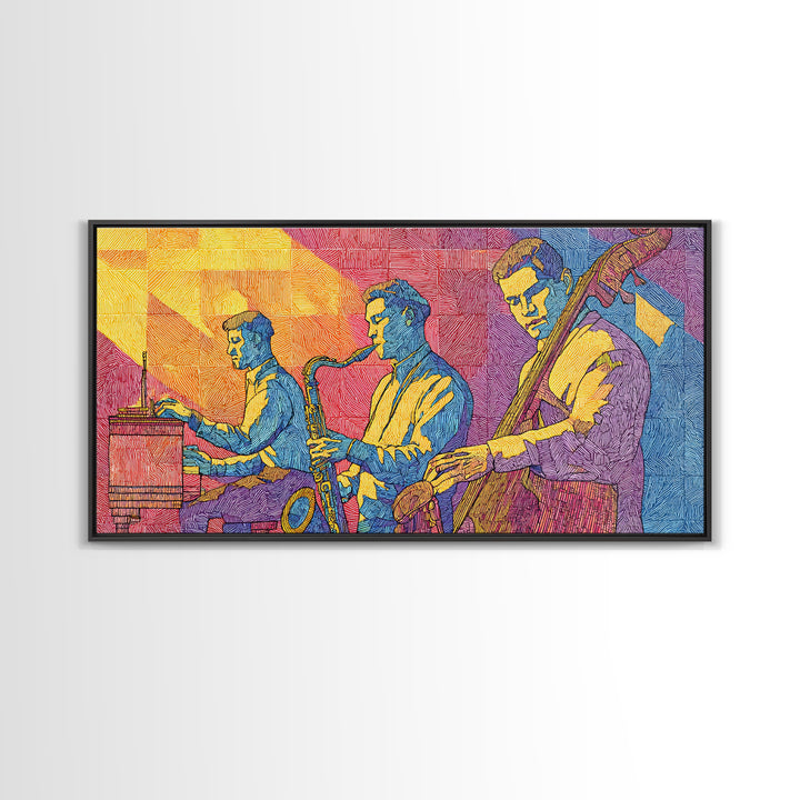 Bright Pop Art Jazz Trio Wall Art, Colorful Midcentury Modern Art Print, Saxophone Piano Bass, Studio Decor Poster Music Gift