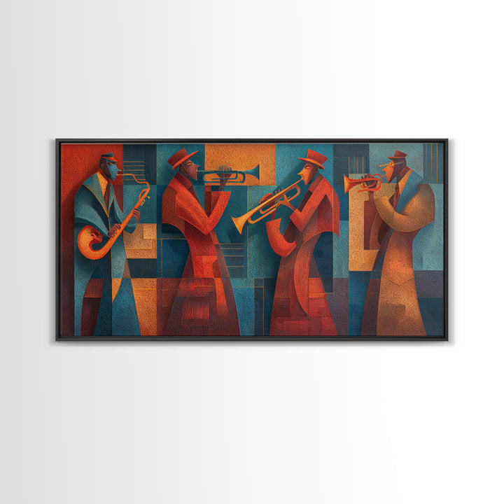 Red Teal Jazz Horn Ensemble Framed Canvas Print, Midcentury Modern Wall Art, Retro Music Poster, Masculine Decor Gift For Him