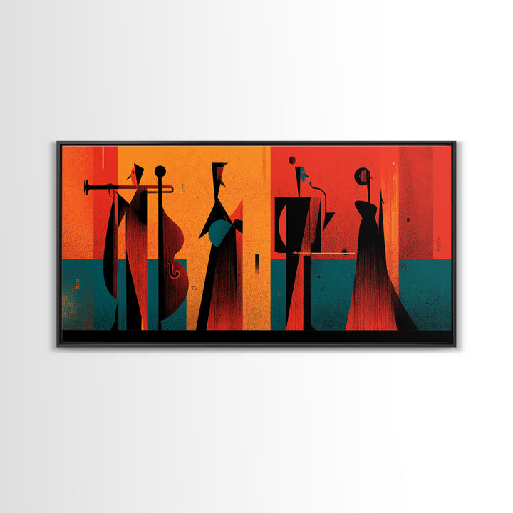 Orange Black Abstract Jazz Ensemble Wall Art, Midcentury Modern Poster, Atomic Art Print, Bold Geometric Home Decor For Musicians