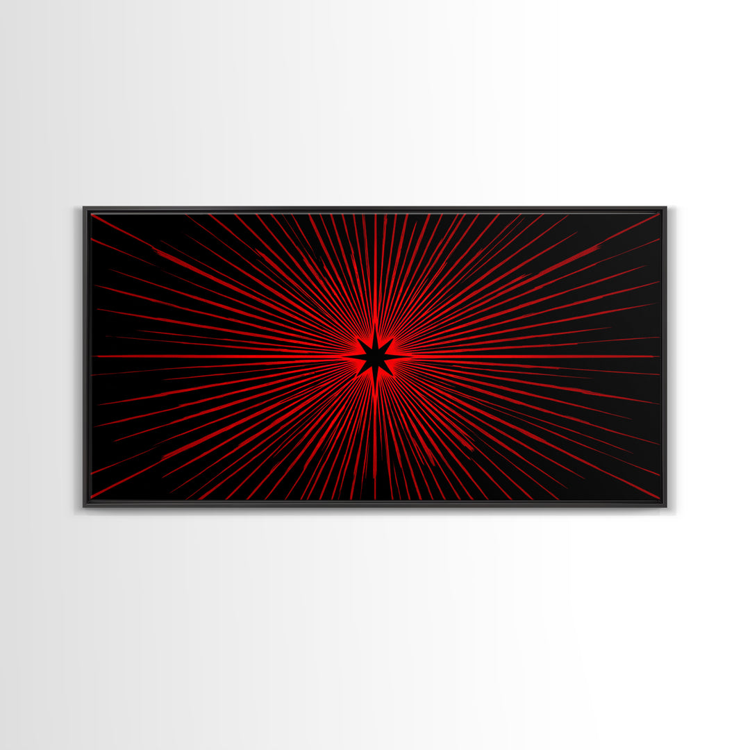 Red Starburst On Black Wall Art, Midcentury Modern Op Art Poster, Atomic Sunburst Canvas Print, Bold Geometric MCM Decor