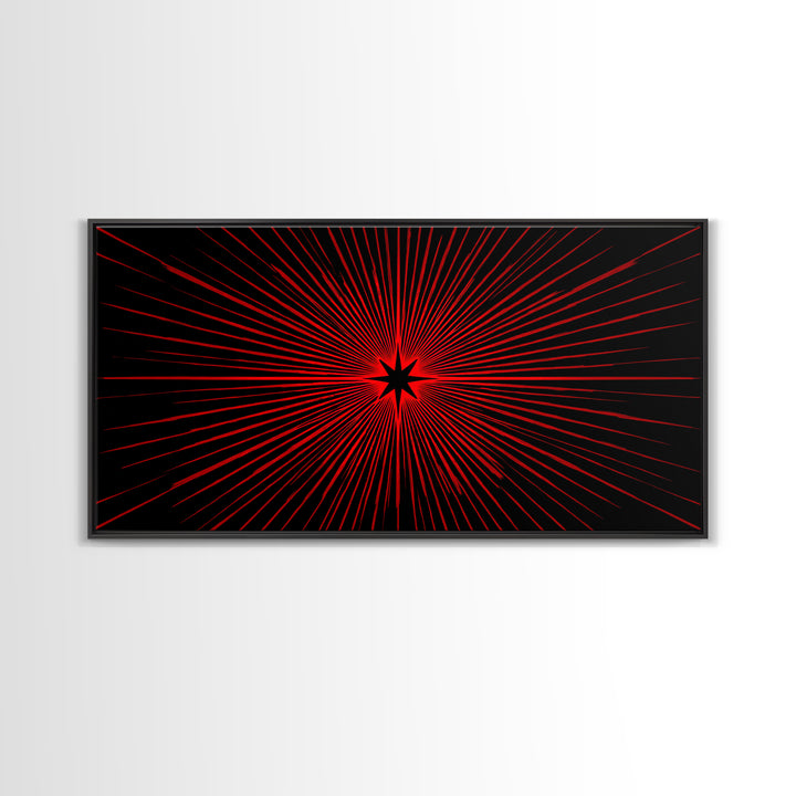 Red Starburst On Black Wall Art, Midcentury Modern Op Art Poster, Atomic Sunburst Canvas Print, Bold Geometric MCM Decor