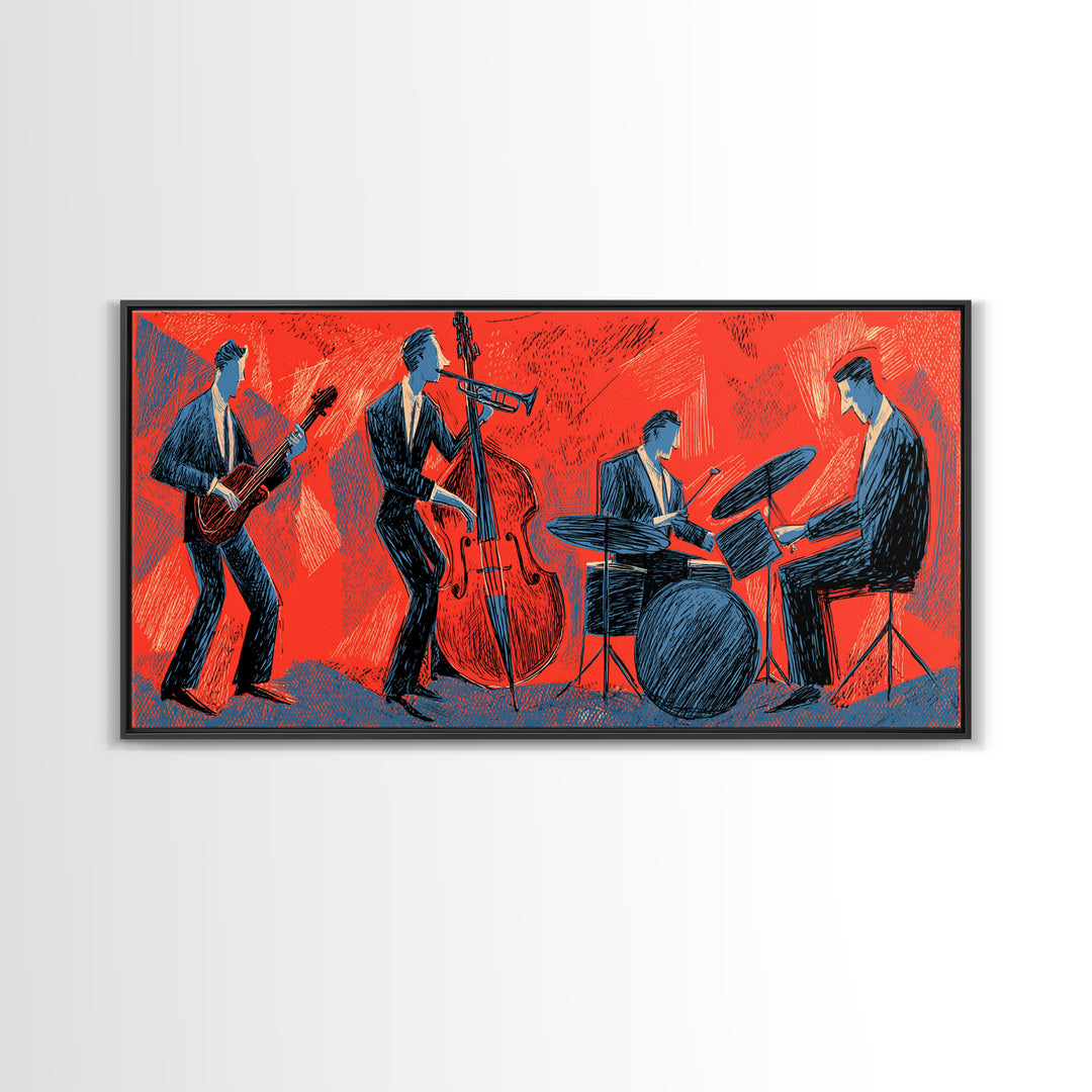 Red Blue Jazz Band Canvas Print, Midcentury Modern Wall Art, Abstract Music Poster, Living Room Decor Gift For Musicians