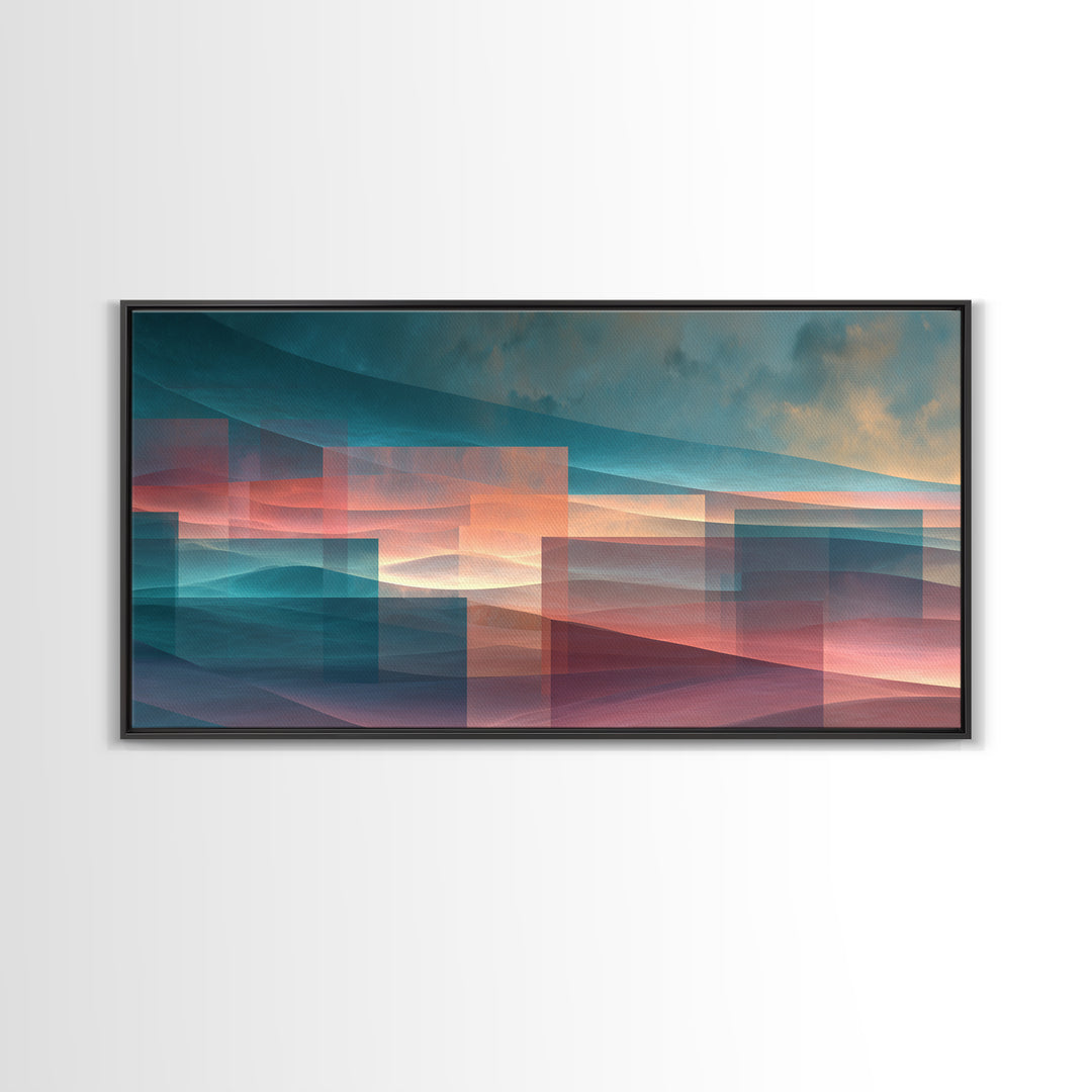 Layered Sunset Mountain Geometry Wall Art, Midcentury Modern Art Print, Teal Pink Landscape Decor, Abstract Home Office Art