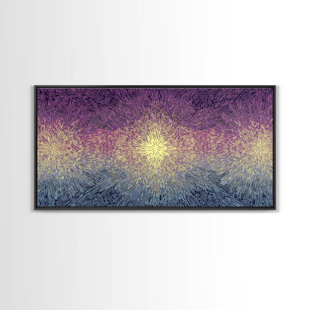Purple Gold Radiant Burst Wall Art, Midcentury Modern Abstract Print, Spiritual Sun Decor, Funky Geometric Home Office Art