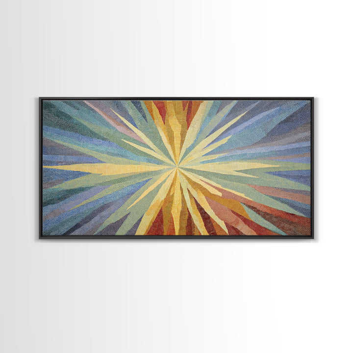 Woven Sunburst Rays Abstract Wall Art, Modern Geometric Art Print, Midcentury Canvas Decor, Blue Yellow Statement Piece Art