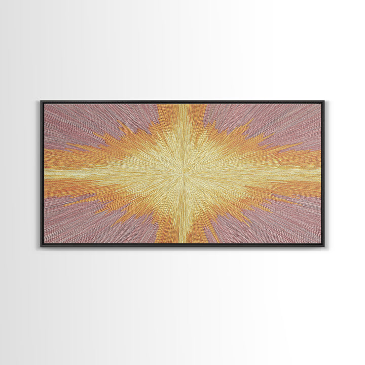 Golden Radiant Cross Starburst Framed Canvas Print, Spiritual Wall Art, Modern Christian Abstract Decor, Purple Yellow Art