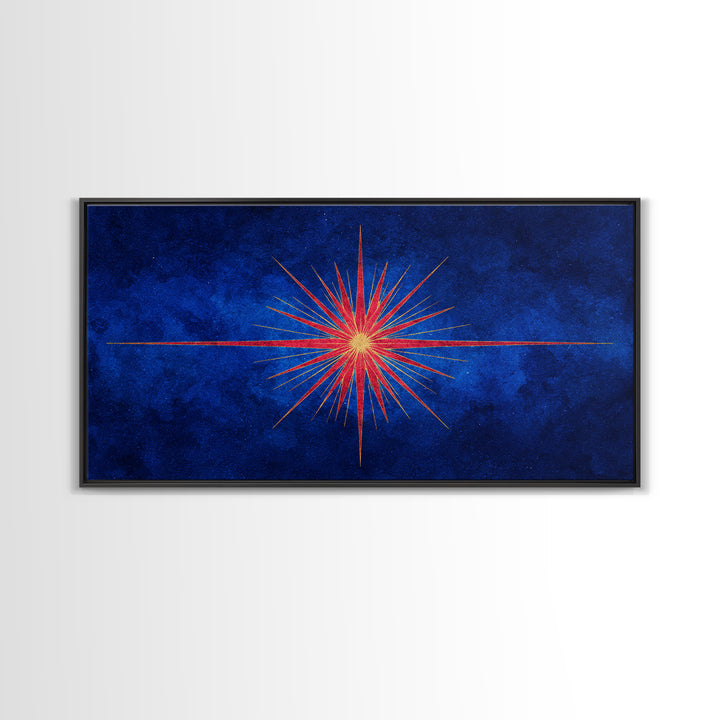 Blue Gold Starburst Framed Canvas Print, Mid Century Modern Atomic Wall Art, Retro Sunburst Poster, Elegant MCM Wall Decor