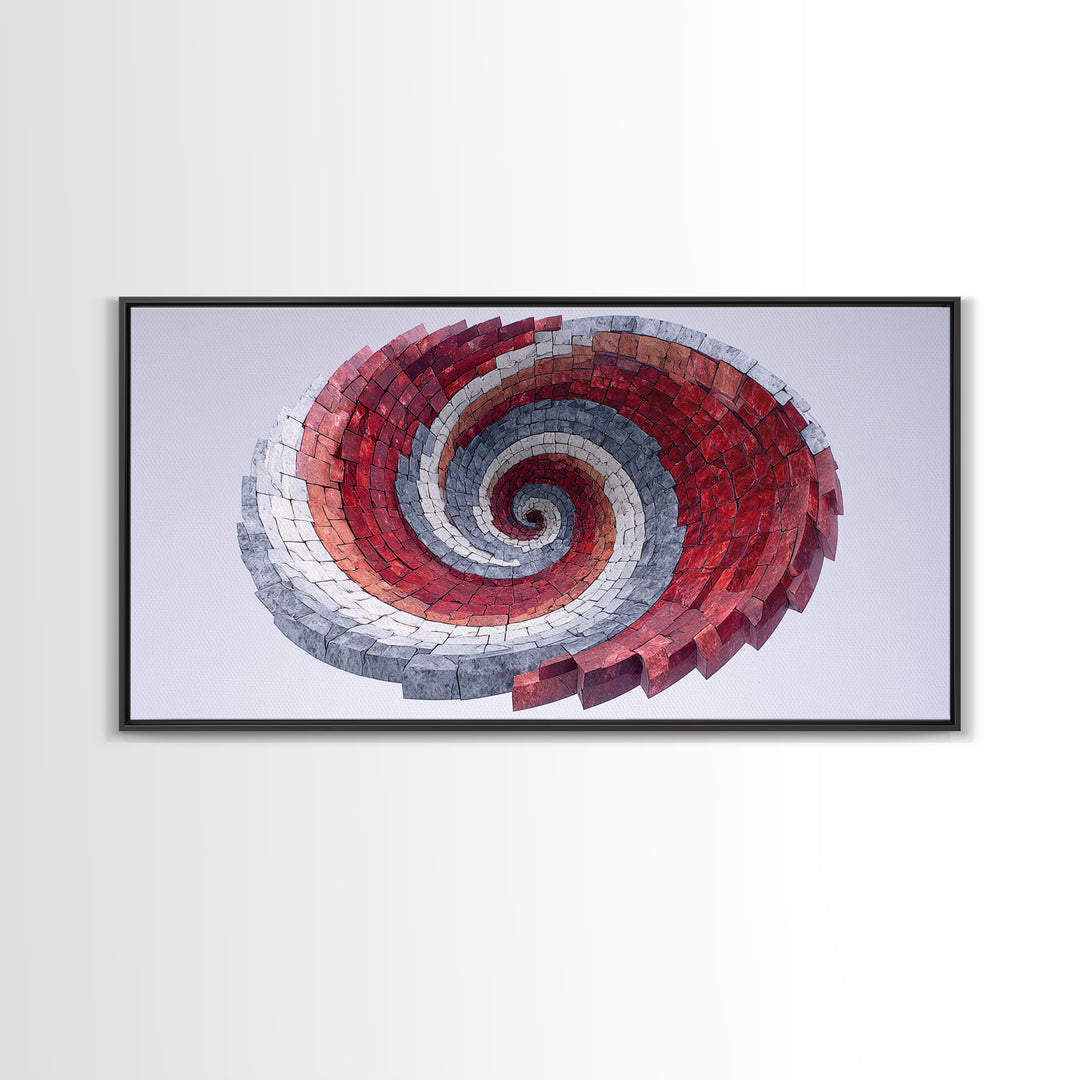 Red Gray Spiral Mosaic Wall Art, Midcentury Modern Abstract Geometric Print, Retro Op Art Decor For Office And Living Room