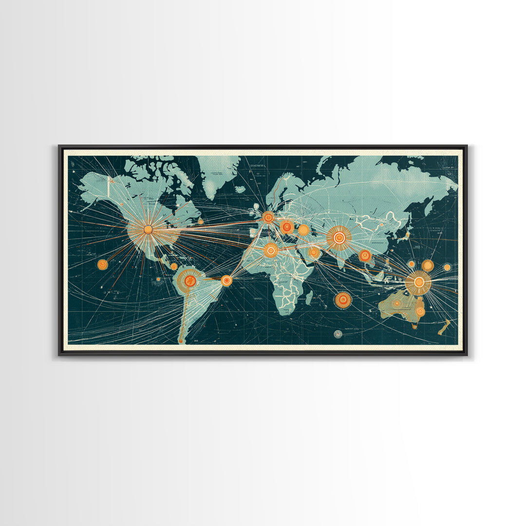 Teal Orange World Map Wall Art, Midcentury Modern Travel Print, Global Network Poster For Office Decor And Living Room Decor