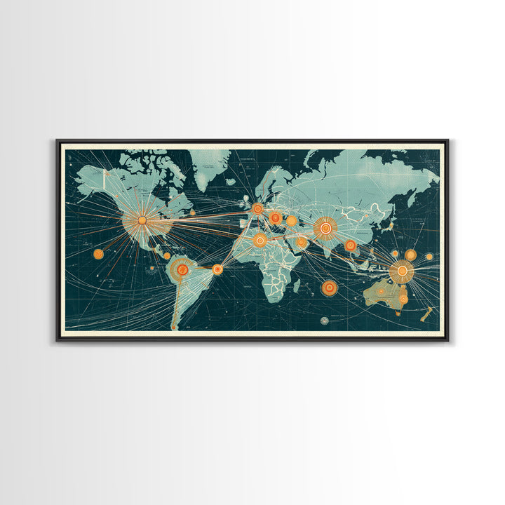 Teal Orange World Map Wall Art, Midcentury Modern Travel Print, Global Network Poster For Office Decor And Living Room Decor