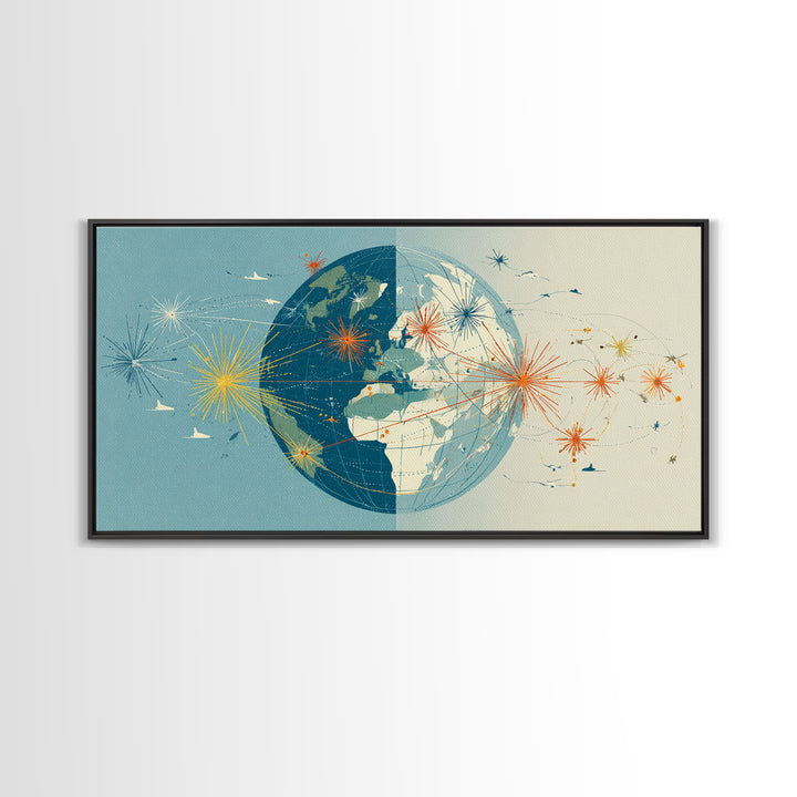 Split Globe Network Wall Art, Midcentury Modern Travel Print, Retro World Map Poster With Starbursts For Home Office Decor