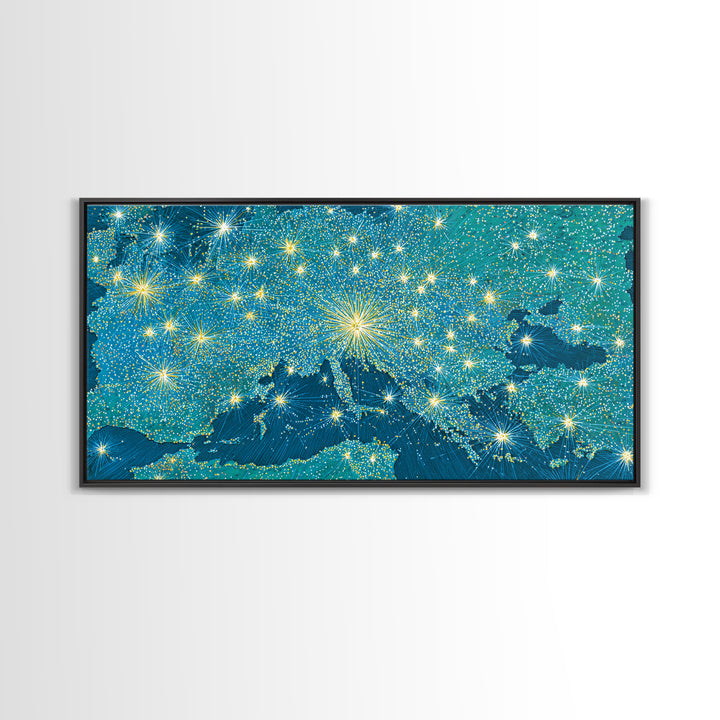 Blue Illuminated World Map Wall Art, Midcentury Modern Travel Print, Global Lights Poster For Office And Living Room Decor