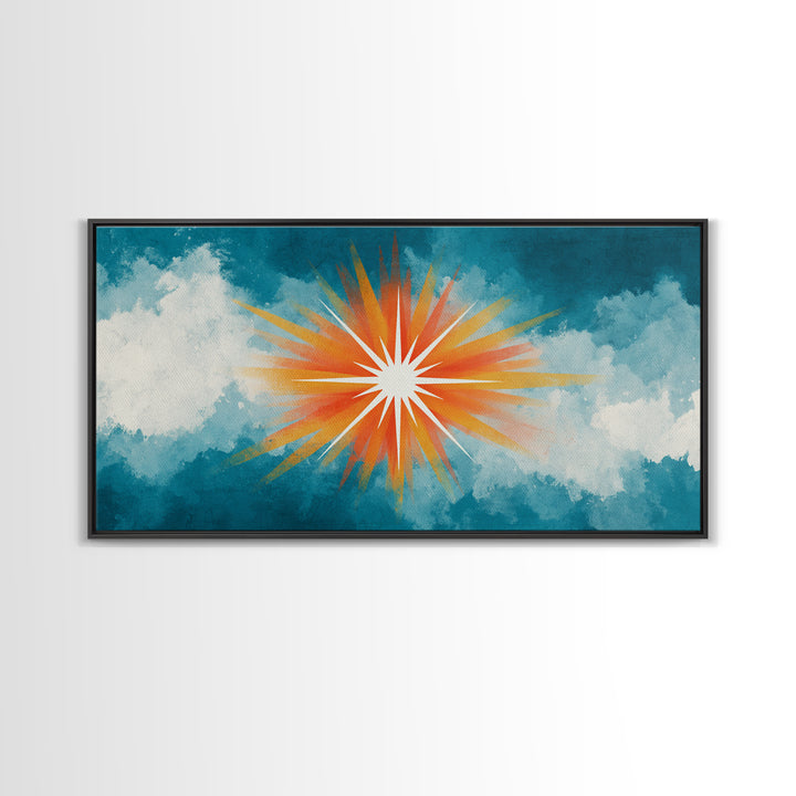Teal Cloud Sunrise Starburst Canvas Print, Midcentury Modern Nature Wall Art, Retro Sun Poster, Colorful Scenic MCM Decor
