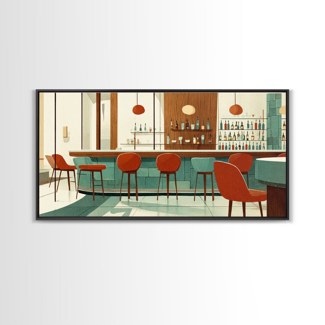 Retro Cocktail Bar With Red Chairs And Teal Cabinets, Mid Century Modern Wall Art, MCM Lounge Decor, Canvas Style Print Gift