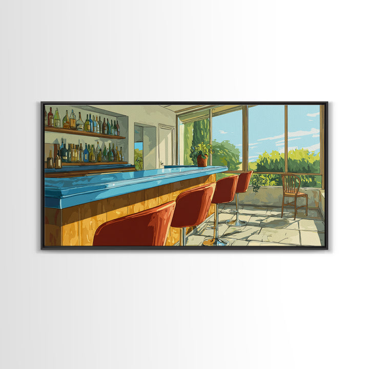 Sunlit Patio Cocktail Bar With Blue Counter And Red Stools, Mid Century Modern Wall Art, Retro Lounge Decor, Scenic Bar Print